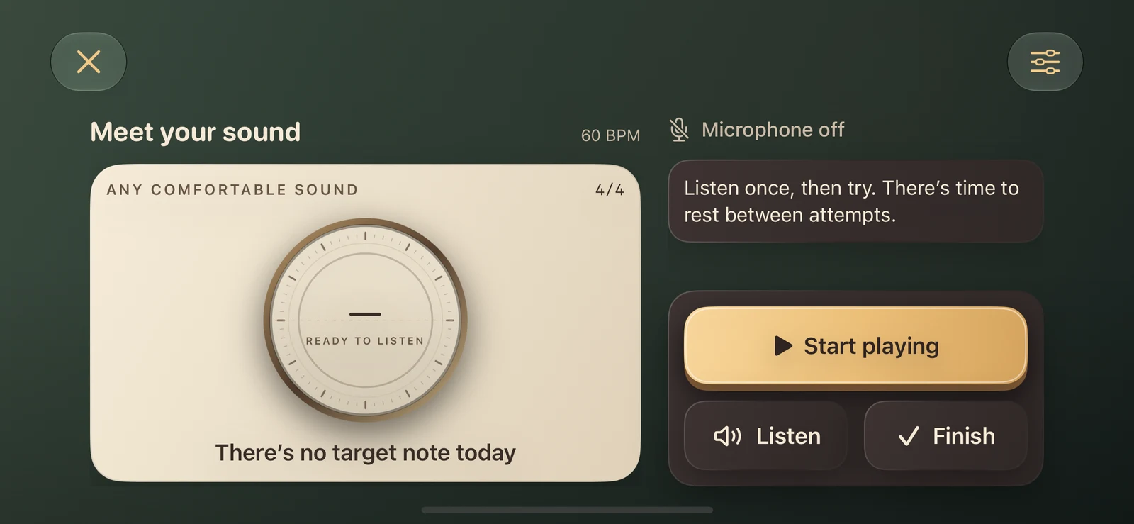 Landscape practice with a brass tone gauge, coaching, Listen and Start playing controls